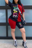 Blue Fashion Europe and America Patchwork Print Two Piece Suits pencil Short Sleeve Two Pieces