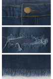 Blue Denim Button Fly Sleeveless High Patchwork Hole Solid Boot Cut Pants Pants