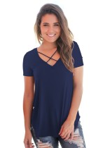 Royal blue Fashion Casual Regular V-Neck Short Solid Regular Tees & T-shirts