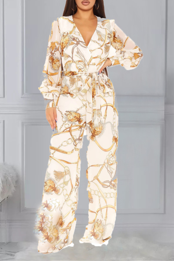 Cream White Casual Print Patchwork V Neck Regular Jumpsuits
