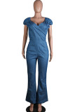 Light Blue Casual Backless Solid Chemical fiber blend Sleeveless V Neck 