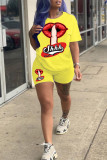 Yellow Fashion Casual Print Basic O Neck Short Sleeve Two Pieces