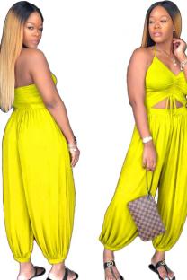 Yellow Fashion Sexy Solid bandage Backless Slip Jumpsuits
