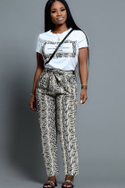 Grey Casual Print Straight Short Sleeve Two-piece Pants Set