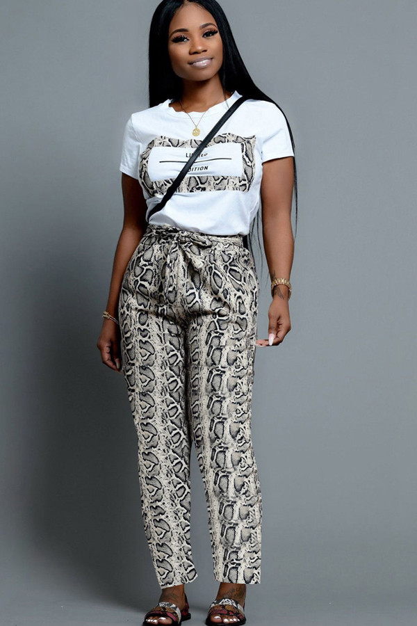 Grey Casual Print Straight Short Sleeve Two-piece Pants Set