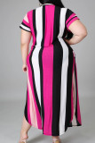 Yellow Brown Casual Striped Patchwork High Opening V Neck Short Sleeve Dress Plus Size Dresses