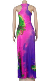 purple Sexy Tank Sleeveless O neck Slim Dress Ankle-Length Print Tie and dye Dresses