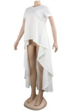 White Fashion Casual Solid Asymmetrical O Neck Tops