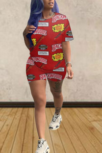 Red Fashion adult Street Letter Patchwork Print Two Piece Suits Straight Short Sleeve Two Pieces