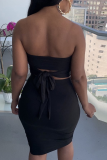 Black Sexy Solid Patchwork Strapless Sleeveless Two Pieces