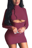 Grey Sexy Solid Hollowed Out O Neck Long Sleeve Mini Pencil Skirt Dresses
