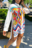 White Fashion Casual Print Asymmetrical Long Sleeve Shirt Dress