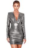 Silver adult Sexy Fashion Cap Sleeve Long Sleeves V Neck Step Skirt Mini Draped chain Fluorescent
