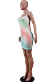 Red Sexy Patchwork Tie-dye Spaghetti Strap Pencil Skirt Dresses