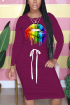 purple Fashion Casual Print Patchwork Draw String O Neck Printed Dresses