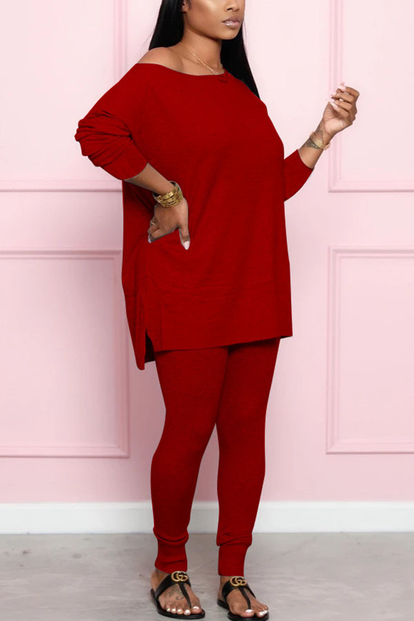 Wine Red Fashion adult Ma'am Street Solid Two Piece Suits pencil Long Sleeve Two Pieces