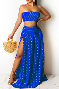 Blue Fashion Sexy Dot Print Backless Slit Strapless Sleeveless Two Pieces