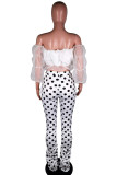 Black venetian Street Dot Mesh perspective Draped Boot Cut Half Sleeve Two Pieces