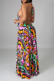 Multicolor Sexy Print Backless Halter Cake Skirt Dresses