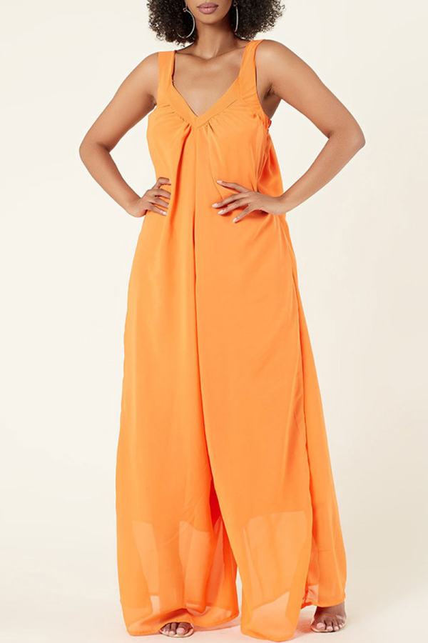 Tangerine Red Casual Solid Patchwork Spaghetti Strap Loose Jumpsuits