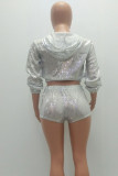 Silver Elastic Fly Mid Solid Patchwork pencil shorts Two-piece suit