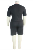Black Fashion Casual Solid Basic O Neck Plus Size Two Pieces