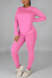 Red Casual Solid Basic O Neck Long Sleeve Two Pieces