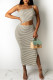 Brown Fashion Sexy Striped Print Backless Slit One Shoulder Sleeveless Two Pieces