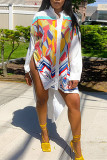 White Fashion Casual Print Asymmetrical Long Sleeve Shirt Dress