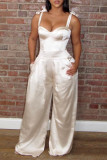 Yellow Sexy Casual Solid Bandage Backless Spaghetti Strap Regular Jumpsuits