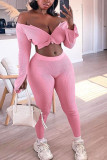 Pink Fashion Casual Adult Solid V Neck Long Sleeve Regular Sleeve Regular Two Pieces