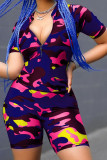 Red Casual Print Zippered Patchwork Short Sleeve Two Pieces
