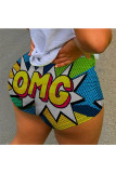 Blue Elastic Fly Low Letter Print Straight shorts Bottoms