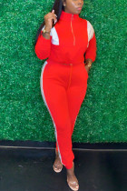 Red Casual Solid Patchwork Zipper Collar Long Sleeve Two Pieces