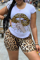 Yellow Casual Letter Lips Printed Patchwork O Neck Short Sleeve Two Pieces