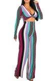 multicolor England Striped Print Straight Long Sleeve Two Pieces