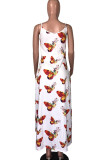 White Fashion Street White Brown Yellow Spaghetti Strap Sleeveless V Neck Pencil Dress Floor-Length Print Floral Animal Dresses
