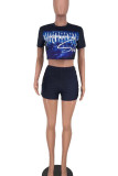 Blue Black Casual Print Patchwork O Neck Short Sleeve Two Pieces