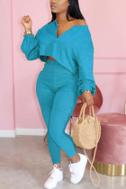 Peacock blue Fashion Patchwork Solid Asymmetrical V Neck Long Sleeve Two Pieces