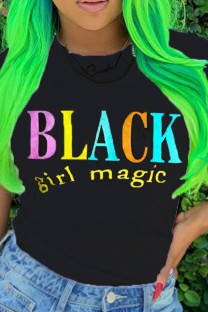 Black Chemical fiber blend O Neck Short Sleeve Letter Print Character Solid Tops