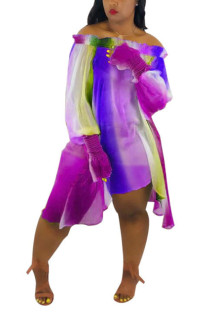 purple Fashion Casual One word collar Print Plus Size