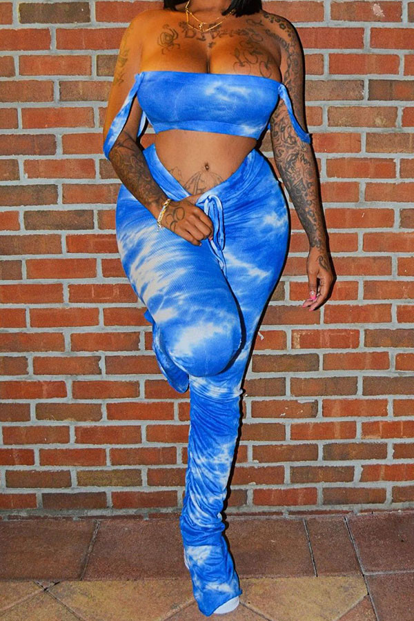 Blue Fashion Casual Print Tie Dye Two Piece Suits Boot Cut Sleeveless Two Pieces