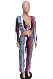 multicolor England Striped Print Straight Long Sleeve Two Pieces