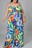 Blue Casual Print Patchwork Spaghetti Strap Plus Size Jumpsuits