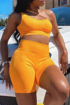 Tangerine Red Sexy Solid Patchwork One Shoulder Sleeveless Two Pieces