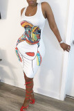 White Europe and America Street White Spaghetti Strap Sleeveless O neck Pencil Dress Knee-Length Print Dresses