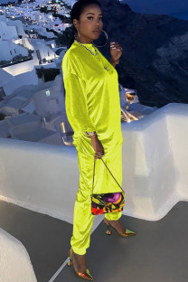 Fluorescent Yellow Chlorine Casual Patchwork Two Piece Suits Solid Straight Long Sleeve 