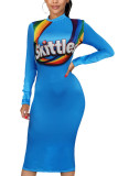 Yellow Fashion Casual Adult Print Patchwork O Neck Long Sleeve Knee Length A Line Dresses