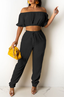 Black Sexy Casual Solid Backless Off the Shoulder Short Sleeve Two Pieces