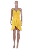 Yellow Street Fashion adult Spaghetti Strap Sleeveless Slip Step Skirt Knee-Length Solid Patchwor